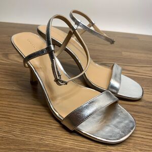 Ann Taylor Silver Metallic Ankle Strap Mid Heel Sandal Size 9M Wedding Business
